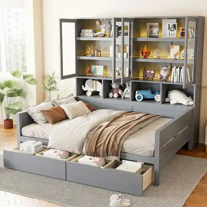 Wooden Bookcase Daybed with Glass Door Storage Cabinet and LED Lights