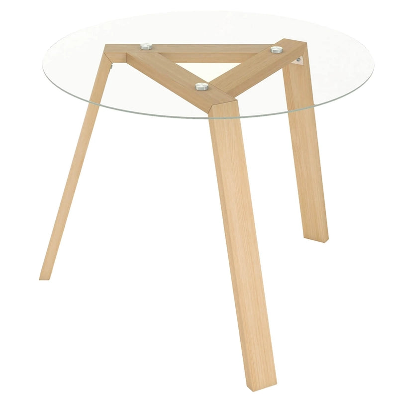 Modern Round Tempered Glass Dining Table with Rubber Wood Frame