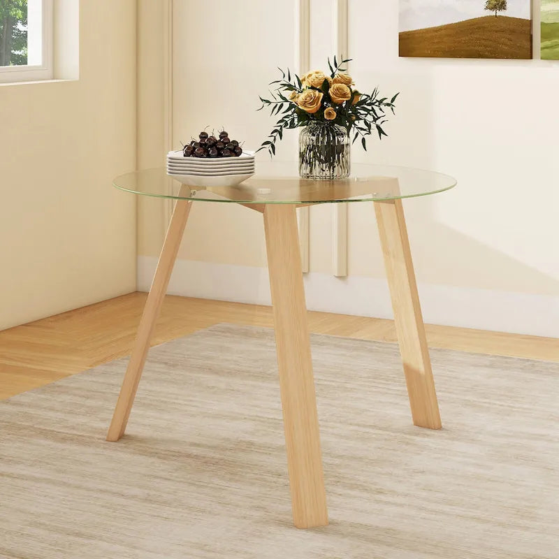 Modern Round Tempered Glass Dining Table with Rubber Wood Frame