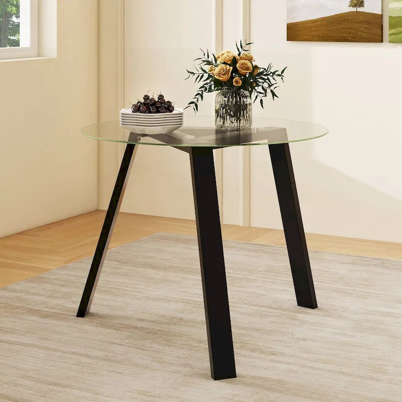 Modern Round Tempered Glass Dining Table with Rubber Wood Frame