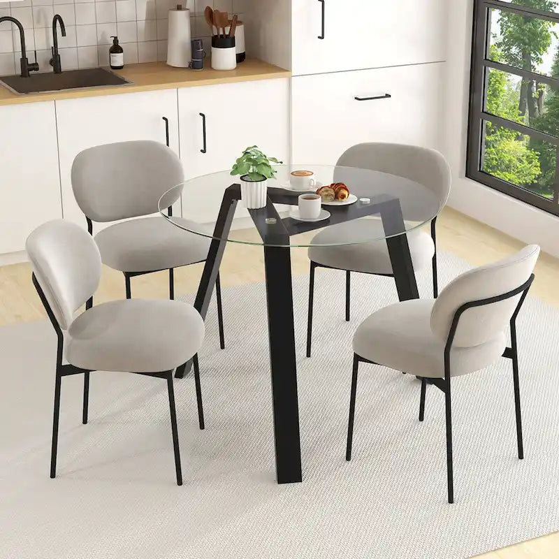 Modern Round Tempered Glass Dining Table with Rubber Wood Frame