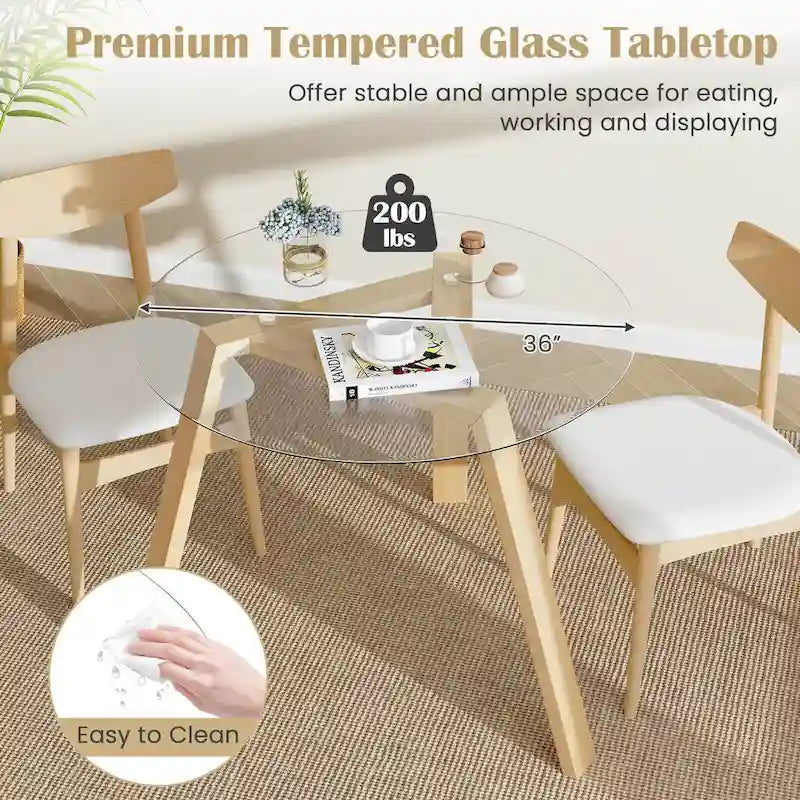 Modern Round Tempered Glass Dining Table with Rubber Wood Frame