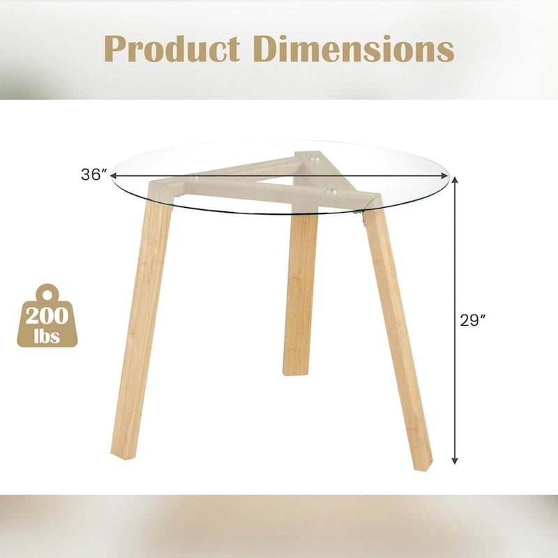Modern Round Tempered Glass Dining Table with Rubber Wood Frame