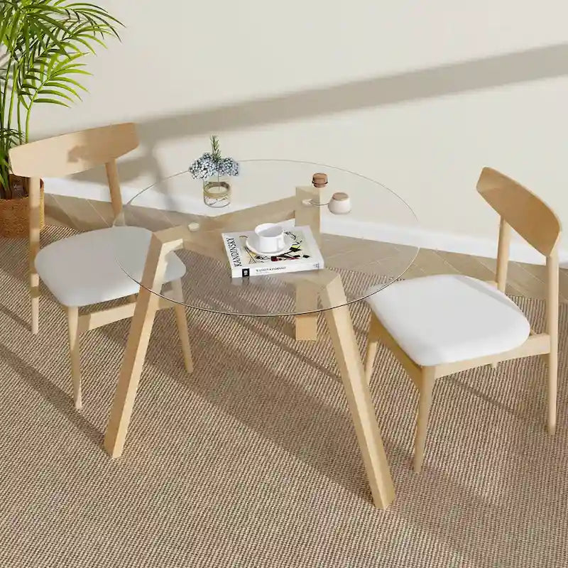 Modern Round Tempered Glass Dining Table with Rubber Wood Frame