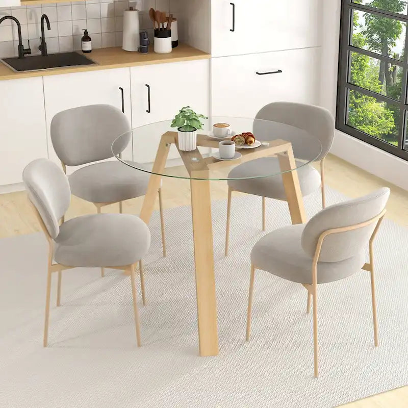 Modern Round Tempered Glass Dining Table with Rubber Wood Frame