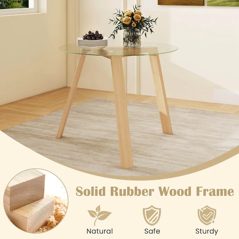 Modern Round Tempered Glass Dining Table with Rubber Wood Frame