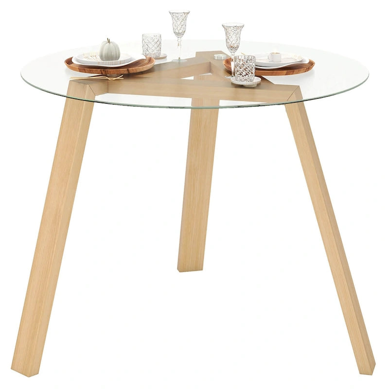 Modern Round Tempered Glass Dining Table with Rubber Wood Frame