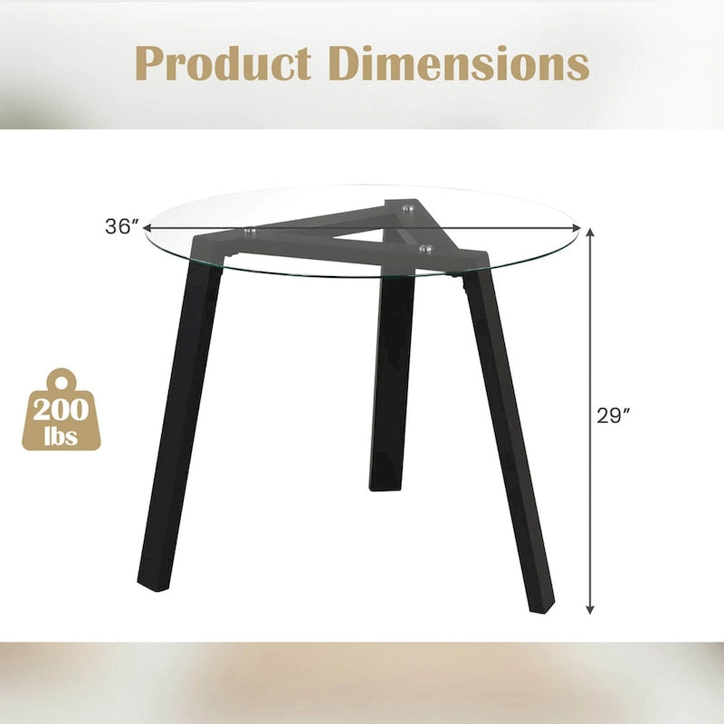 Modern Round Tempered Glass Dining Table with Rubber Wood Frame
