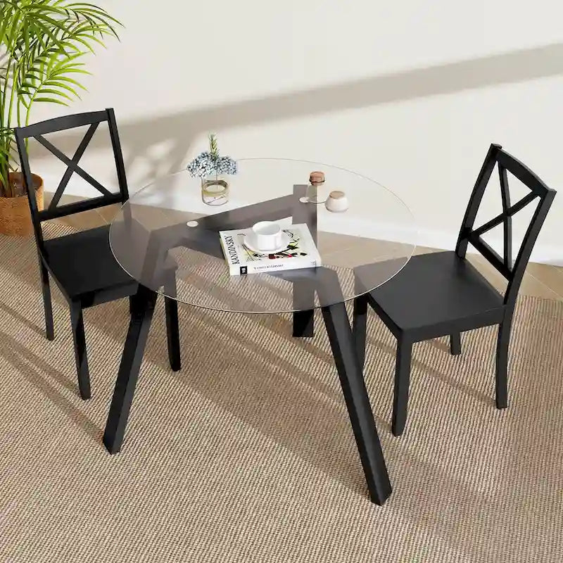 Modern Round Tempered Glass Dining Table with Rubber Wood Frame