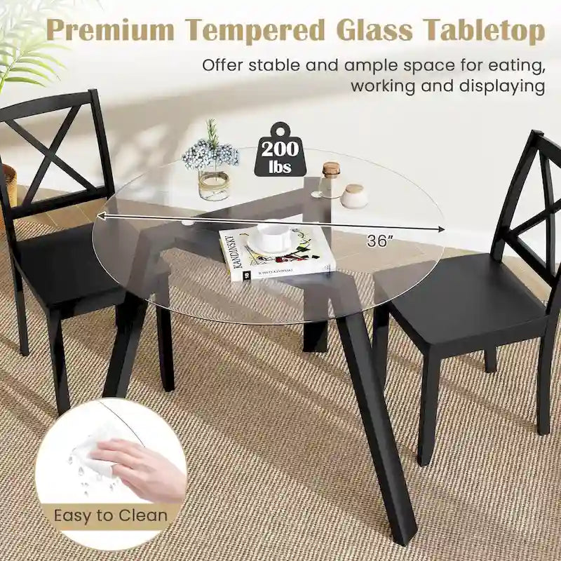 Modern Round Tempered Glass Dining Table with Rubber Wood Frame