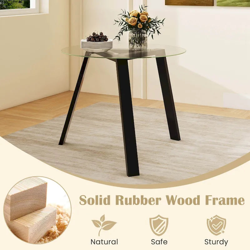 Modern Round Tempered Glass Dining Table with Rubber Wood Frame