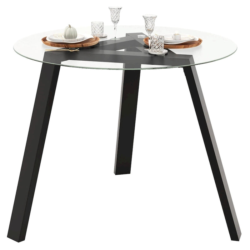 Modern Round Tempered Glass Dining Table with Rubber Wood Frame