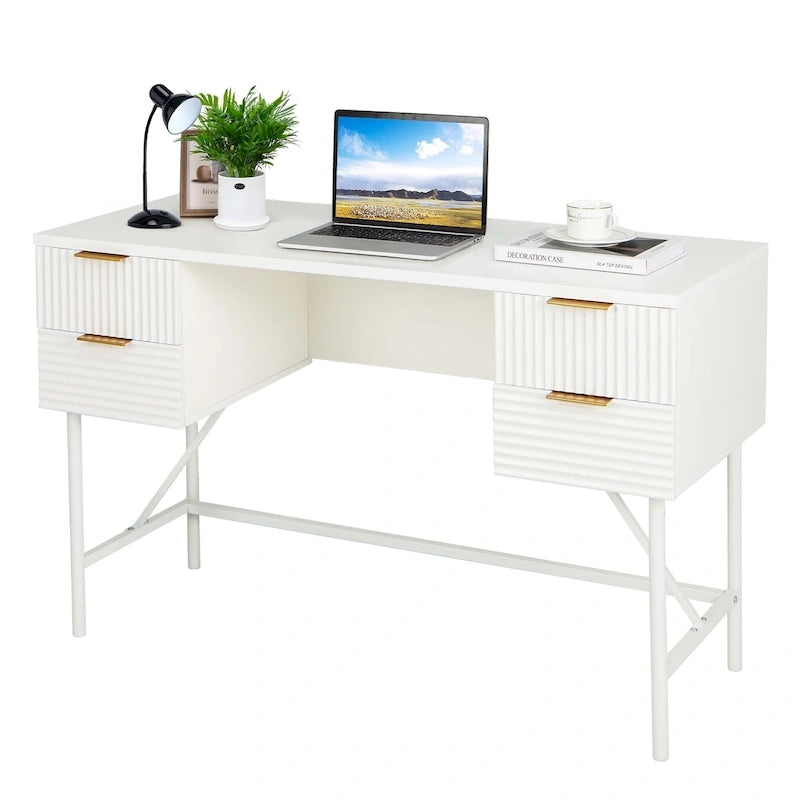 White Computer Desk with Four Drawers and Sturdy Metal Frame
