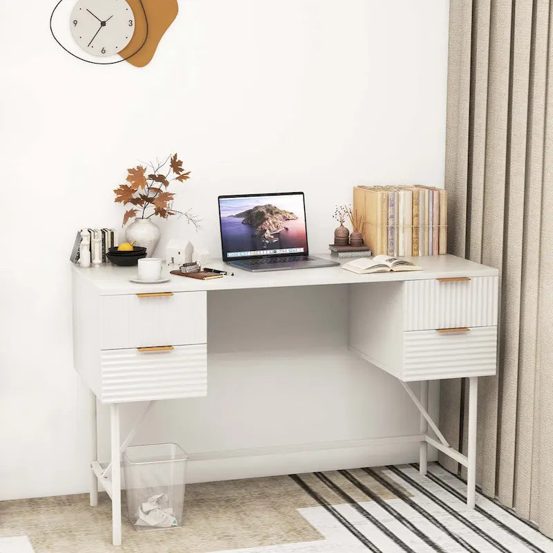 White Computer Desk with Four Drawers and Sturdy Metal Frame