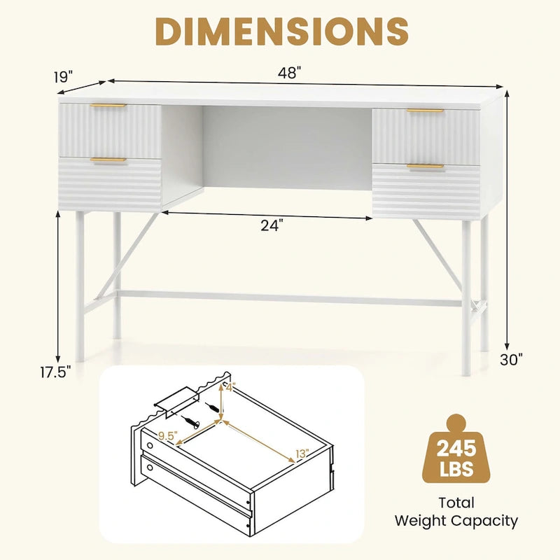 White Computer Desk with Four Drawers and Sturdy Metal Frame