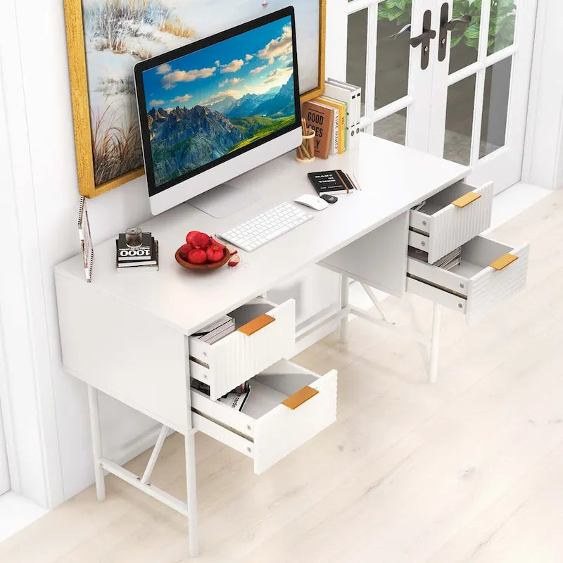 White Computer Desk with Four Drawers and Sturdy Metal Frame