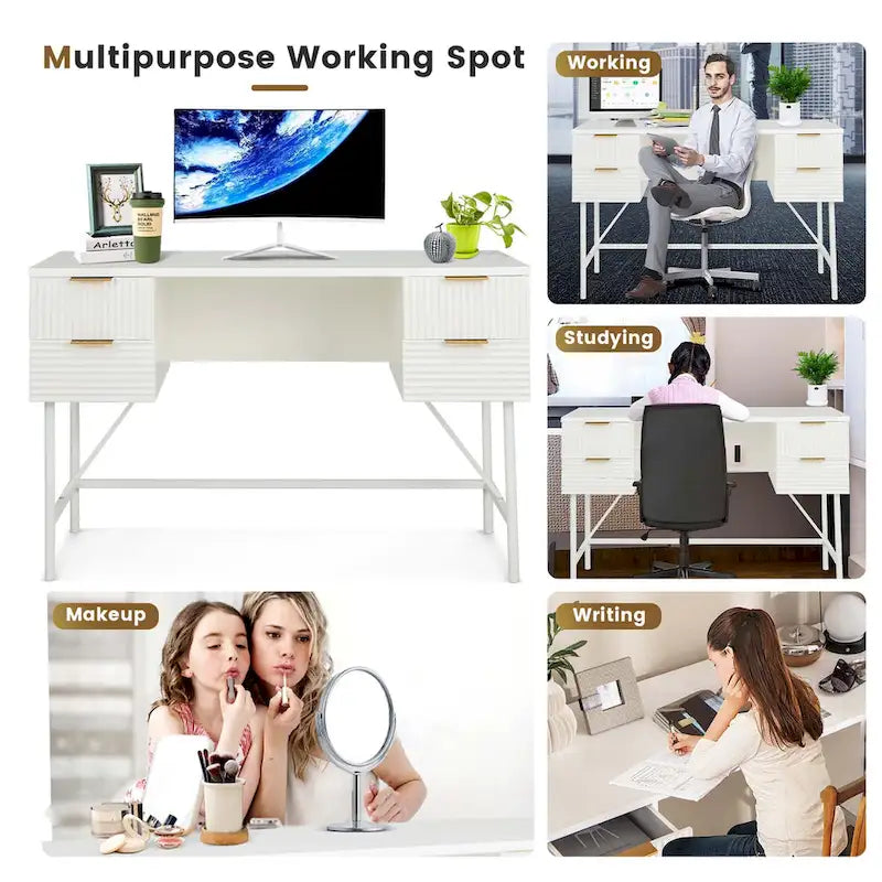 White Computer Desk with Four Drawers and Sturdy Metal Frame
