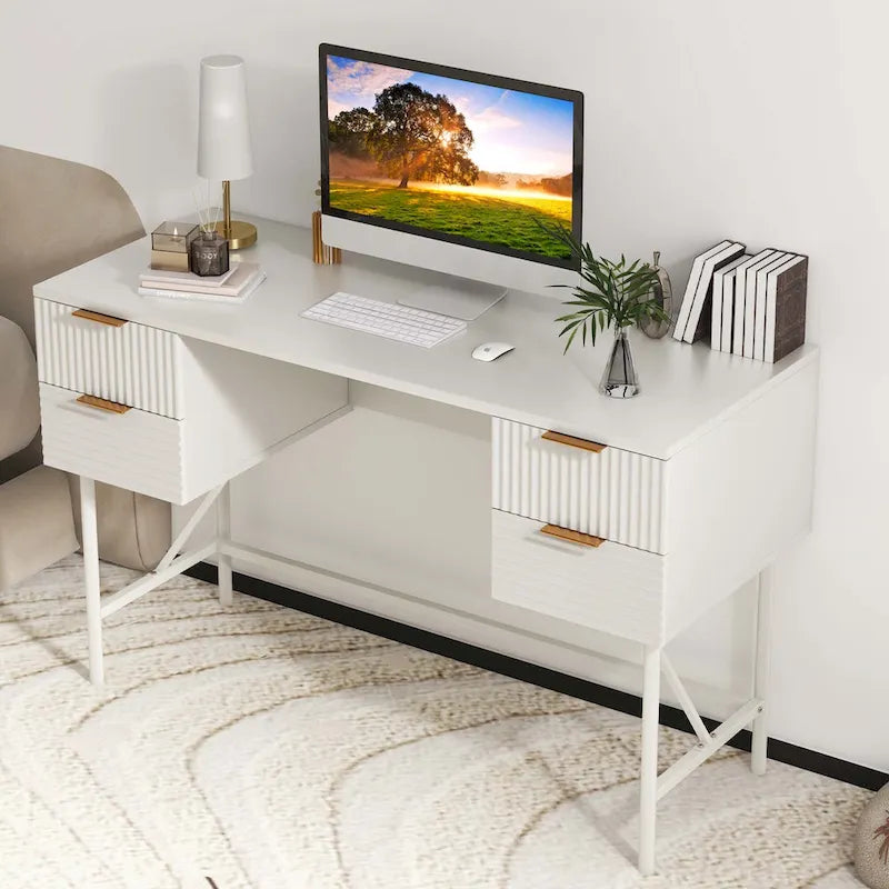 White Computer Desk with Four Drawers and Sturdy Metal Frame