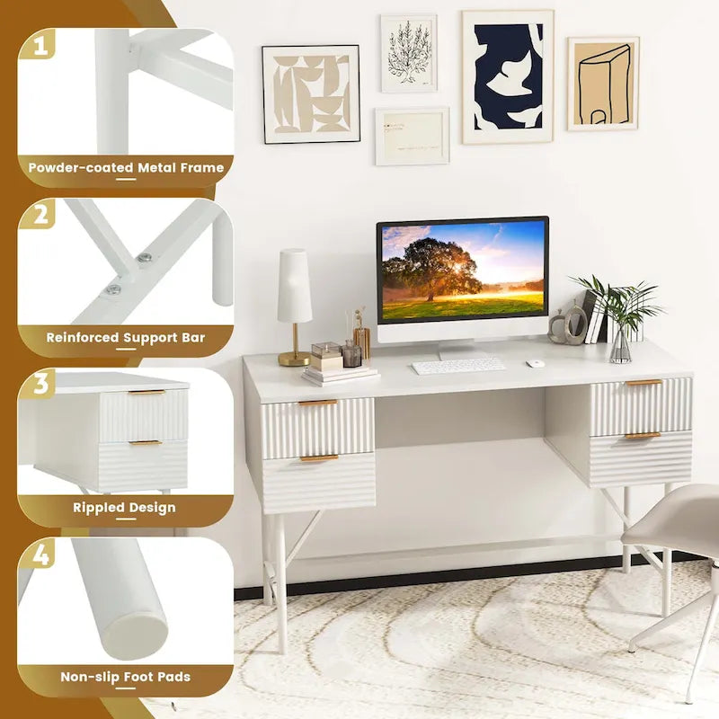 White Computer Desk with Four Drawers and Sturdy Metal Frame