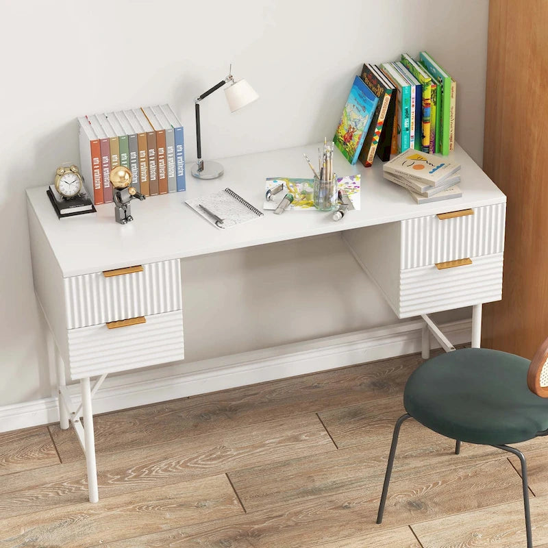 White Computer Desk with Four Drawers and Sturdy Metal Frame