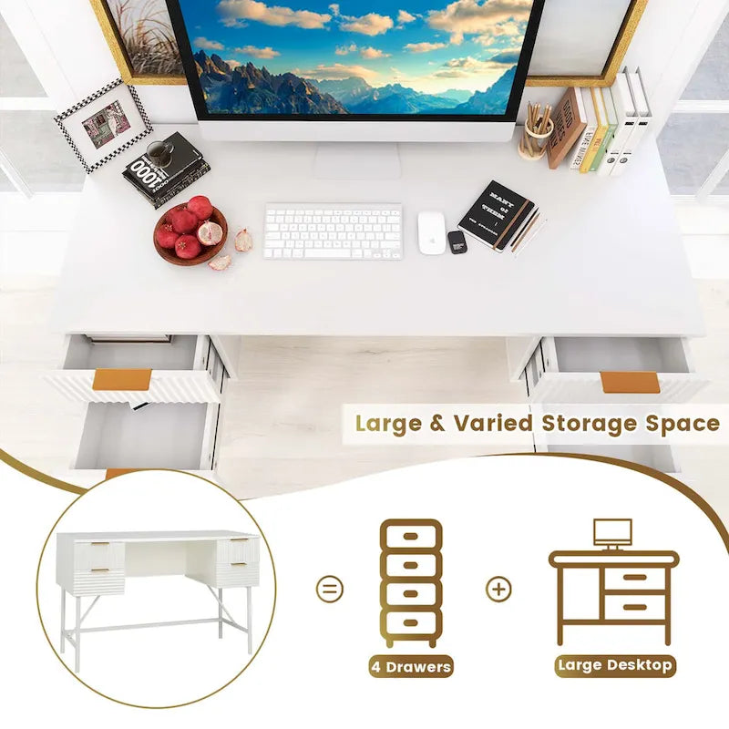 White Computer Desk with Four Drawers and Sturdy Metal Frame
