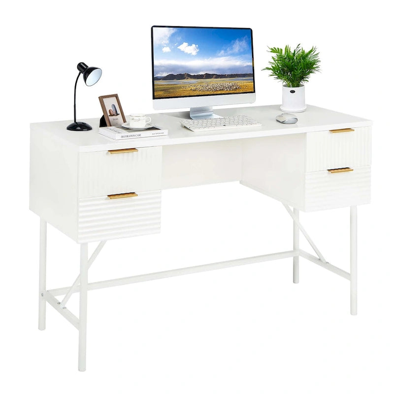 White Computer Desk with Four Drawers and Sturdy Metal Frame