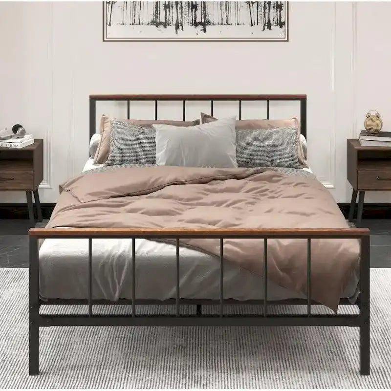 Black Metal Queen Platform Bed Frame with Headboard and Footboard