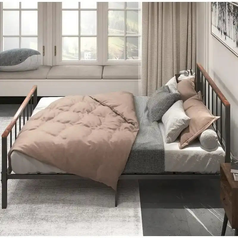 Black Metal Queen Platform Bed Frame with Headboard and Footboard
