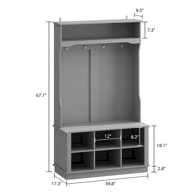 Wide Hall Tree Bench with Coat Hooks and Shoe Cubby Storage