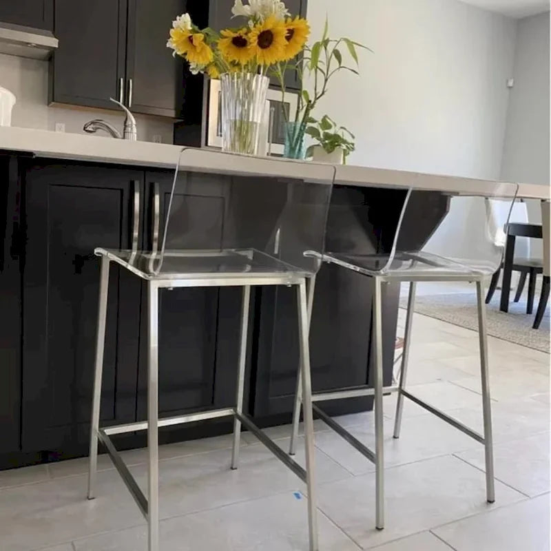 Clear Acrylic Counter Stool with Polished Metal Legs in Chrome or Gold