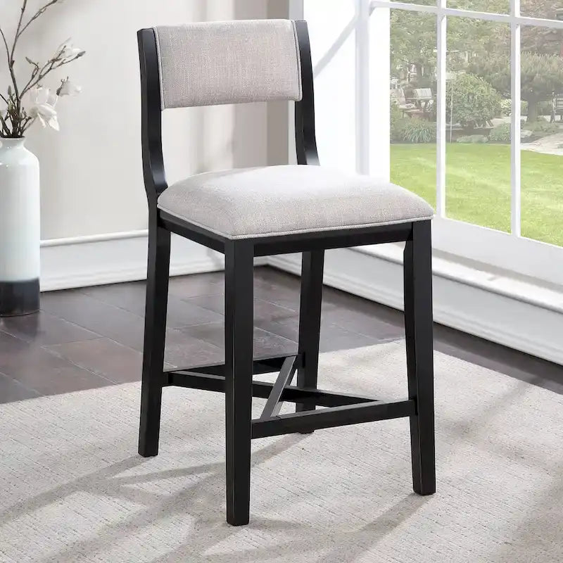 Ebony Solid Wood Counter Stool with Pale Gray Upholstered Seat