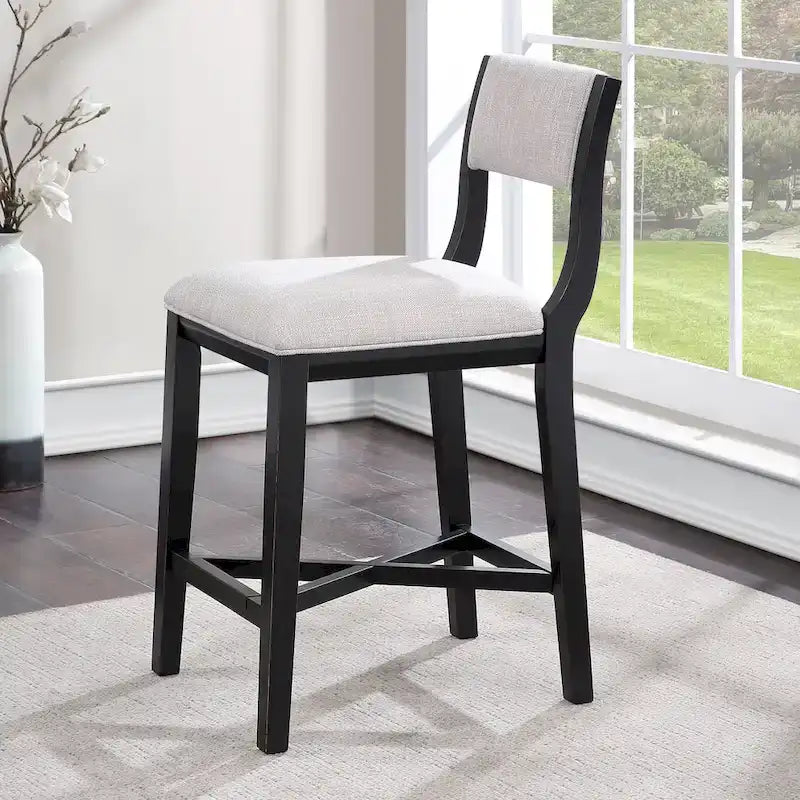 Ebony Solid Wood Counter Stool with Pale Gray Upholstered Seat