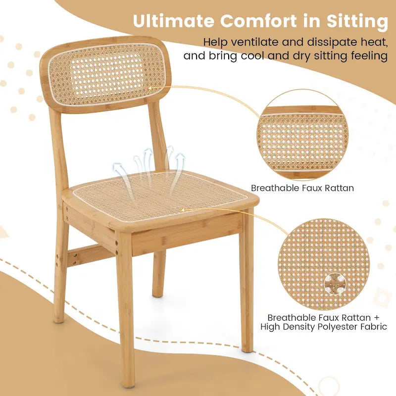 Rattan Accent Chairs Set of 2 Bamboo Frame Cane Woven Backrest &Seat