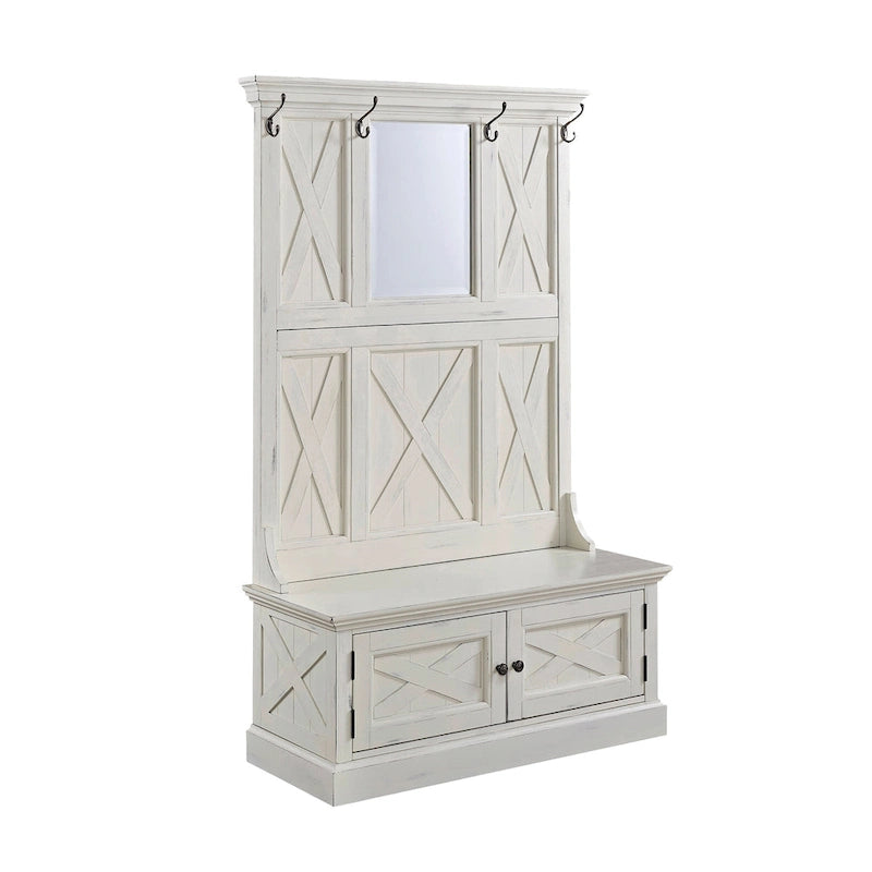 Antique White Entryway Hall Tree with Storage Bench and Hooks