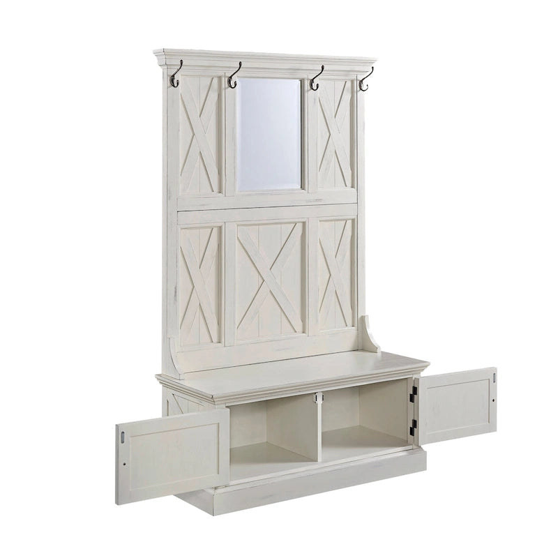 Antique White Entryway Hall Tree with Storage Bench and Hooks