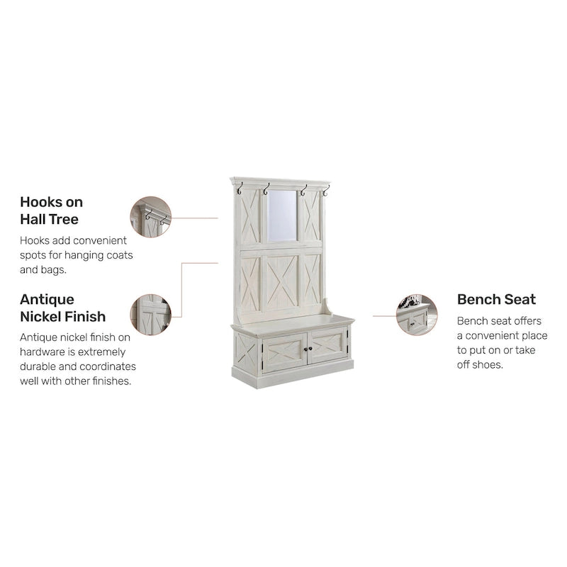 Antique White Entryway Hall Tree with Storage Bench and Hooks