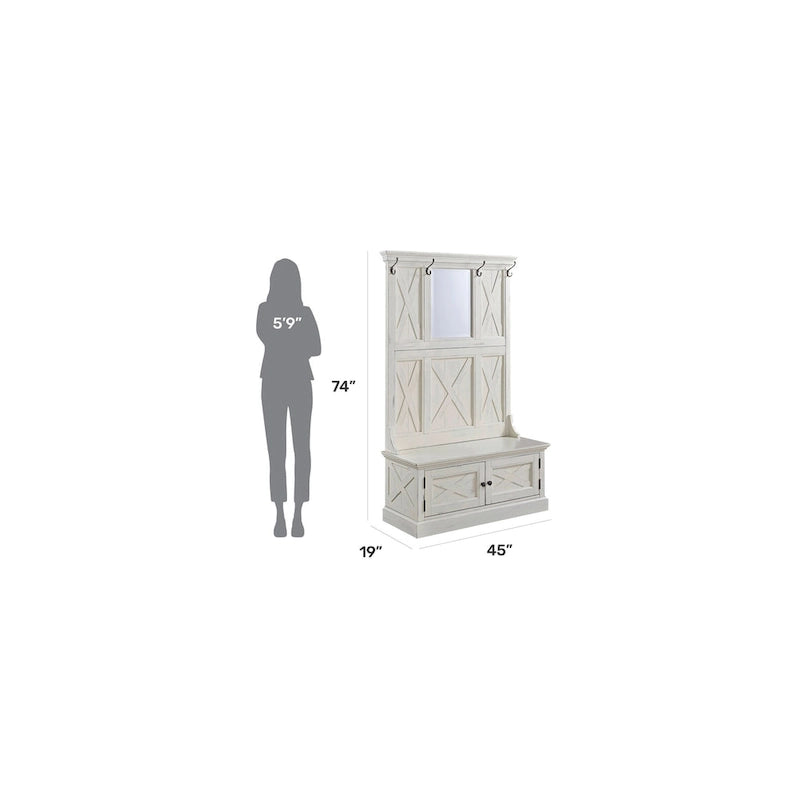 Antique White Entryway Hall Tree with Storage Bench and Hooks