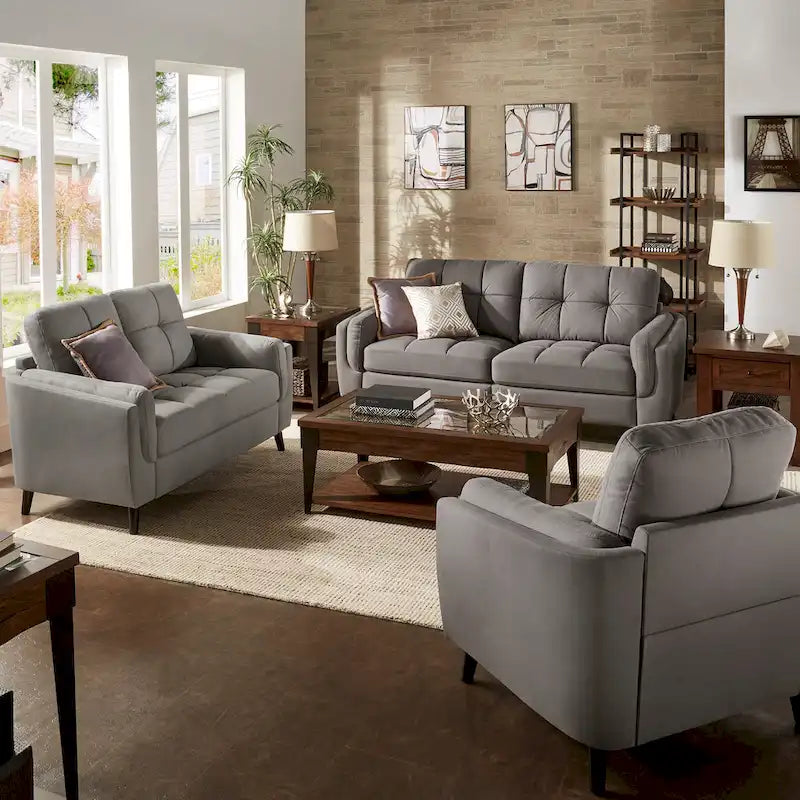 Modern Grey Microfiber Arm Loveseat with Tufted Detail and Espresso Wood Feet