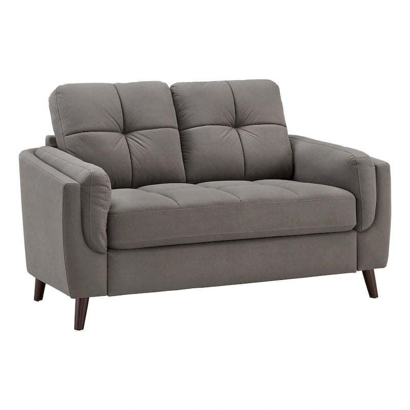 Modern Grey Microfiber Arm Loveseat with Tufted Detail and Espresso Wood Feet