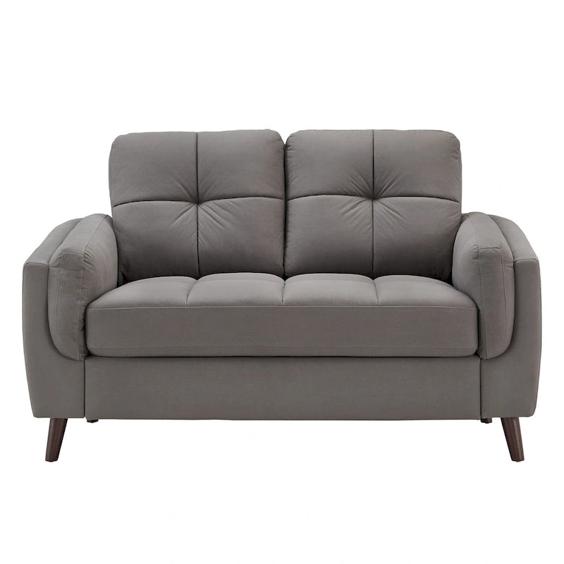 Modern Grey Microfiber Arm Loveseat with Tufted Detail and Espresso Wood Feet