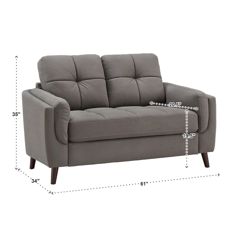 Modern Grey Microfiber Arm Loveseat with Tufted Detail and Espresso Wood Feet