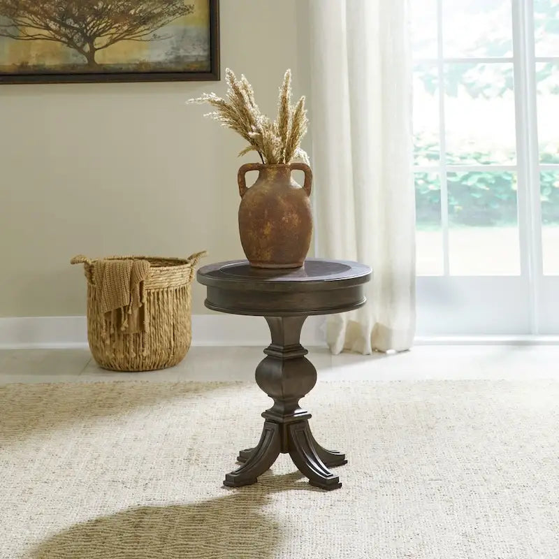 Saddle Brown Round Chairside Table with Blue Stone Inlay