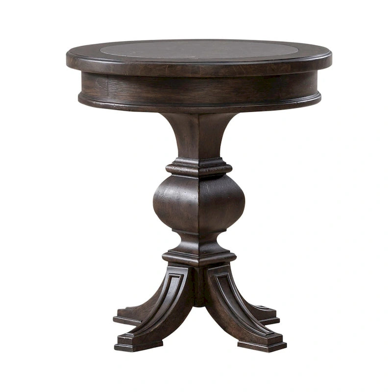 Saddle Brown Round Chairside Table with Blue Stone Inlay