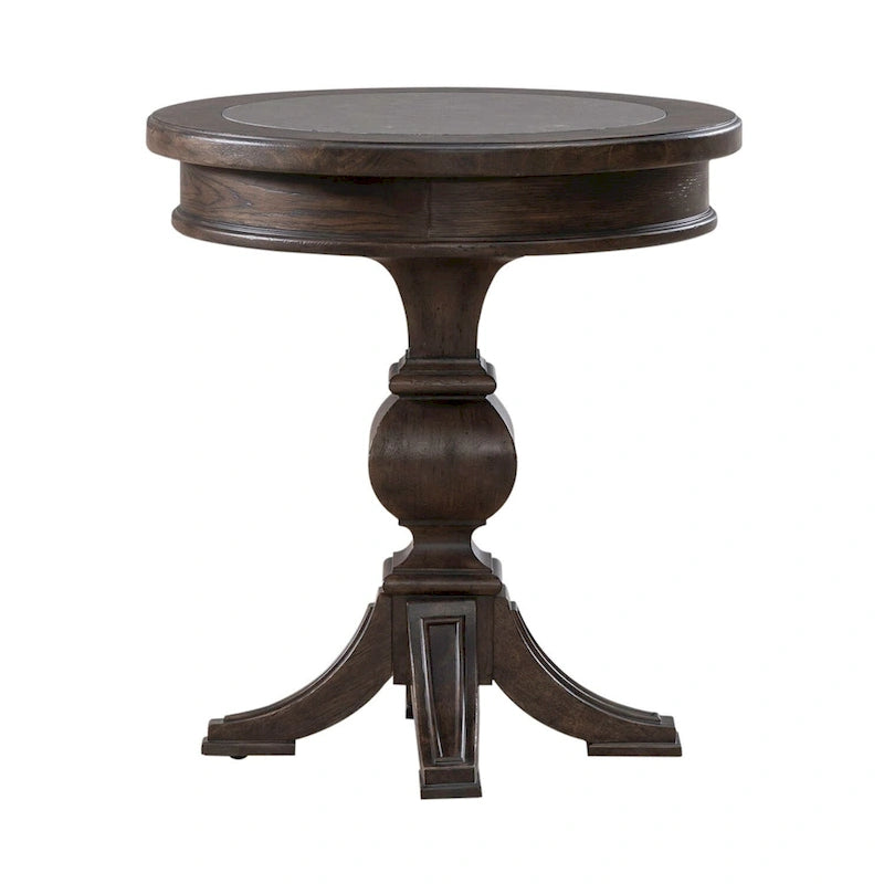 Saddle Brown Round Chairside Table with Blue Stone Inlay