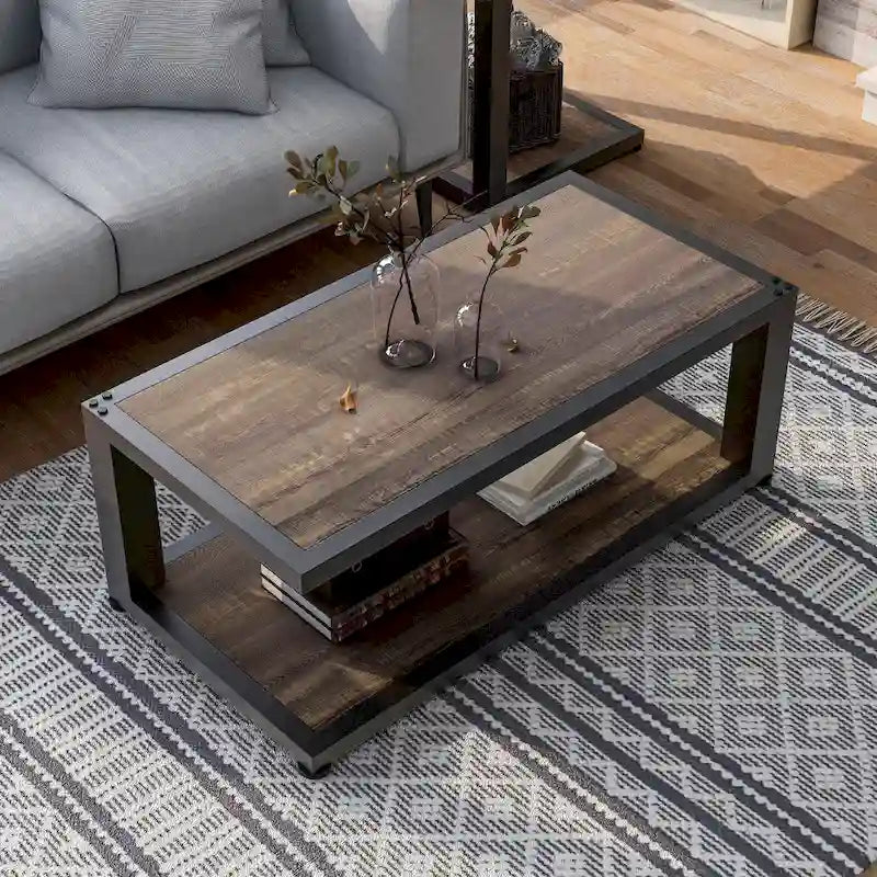 Rustic Dark Walnut and Black Coffee Table with Shelf