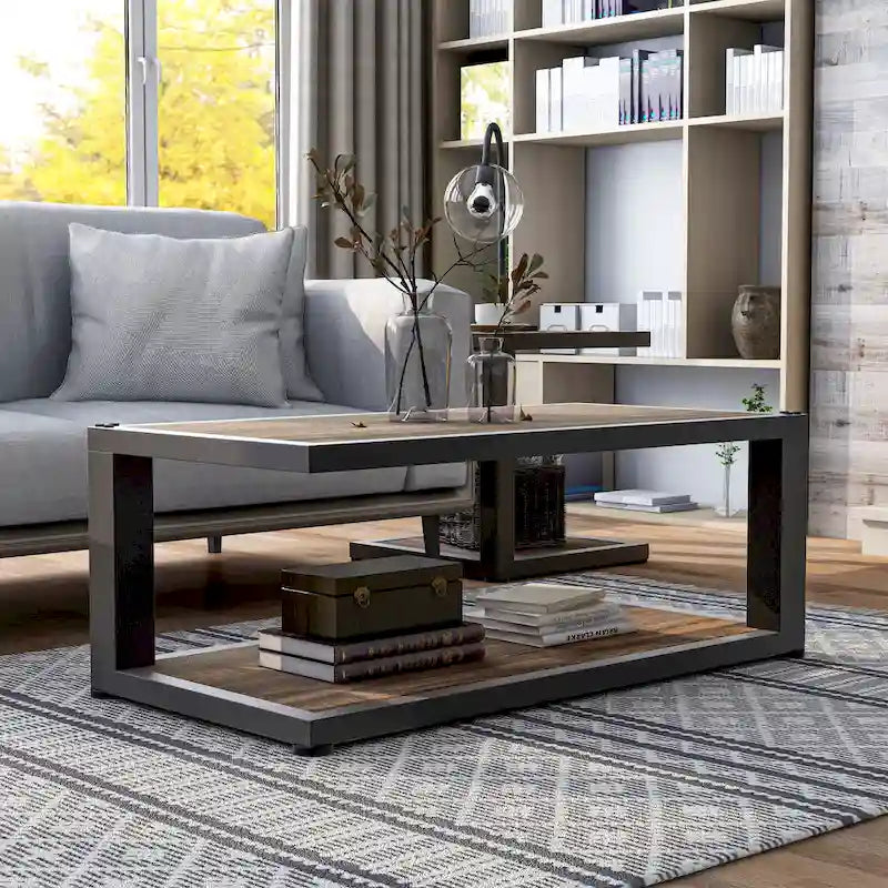 Rustic Dark Walnut and Black Coffee Table with Shelf