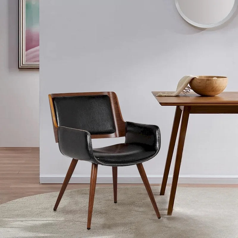 Mid-Century Faux Leather Dining Accent Chair with Wood-Finish Metal Legs