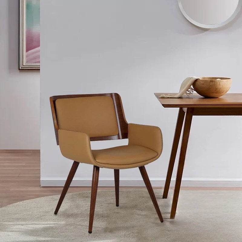 Mid-Century Faux Leather Dining Accent Chair with Wood-Finish Metal Legs