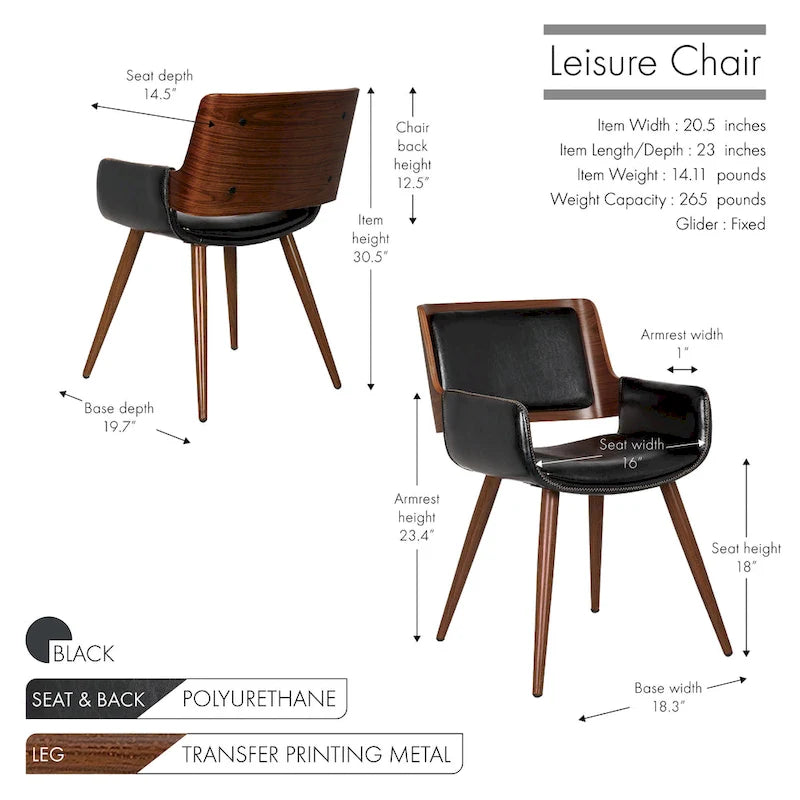 Mid-Century Faux Leather Dining Accent Chair with Wood-Finish Metal Legs