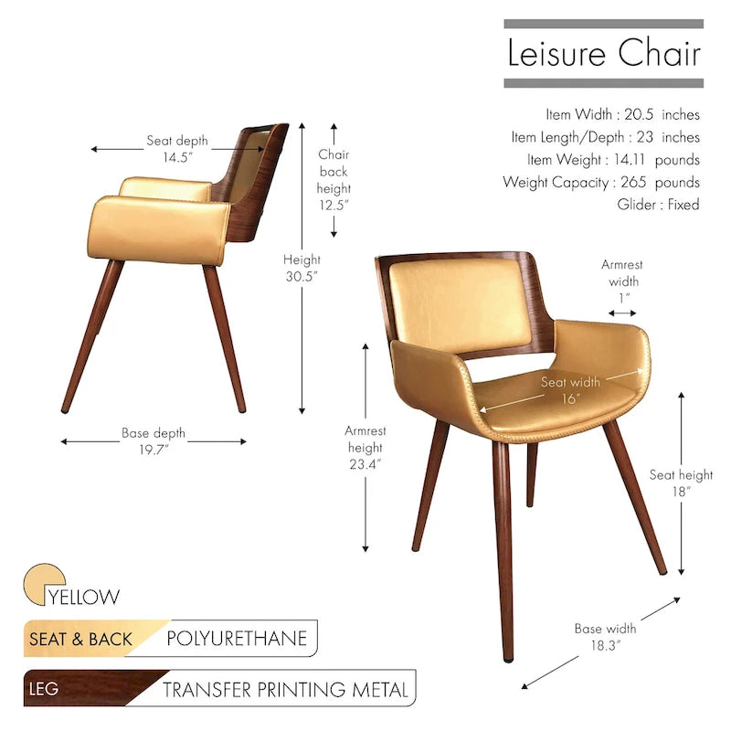 Mid-Century Faux Leather Dining Accent Chair with Wood-Finish Metal Legs